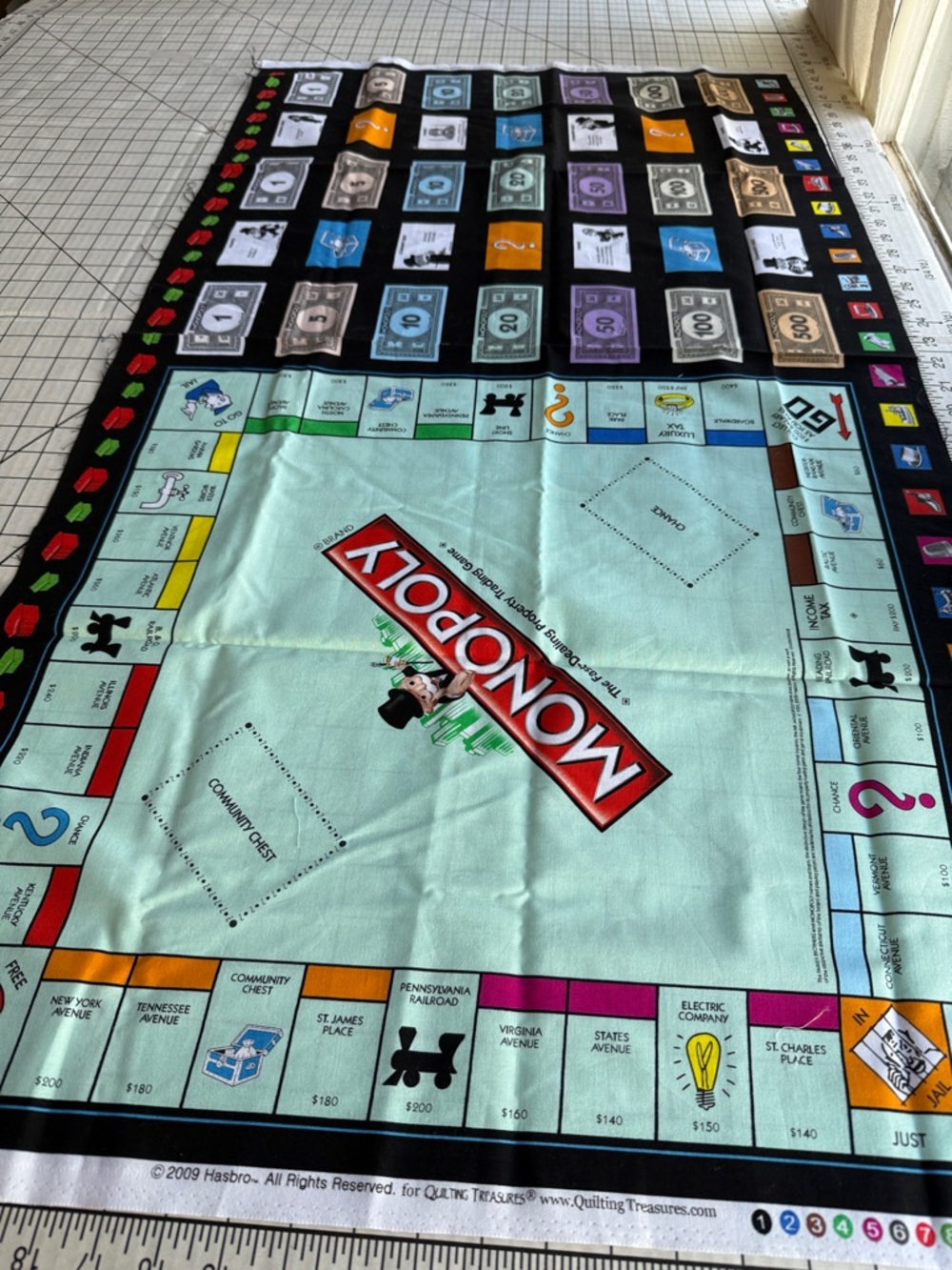 Monopoly Fabric Panel 2009 Hasbro Quilting Treasures Board Game Cotton 43x23
